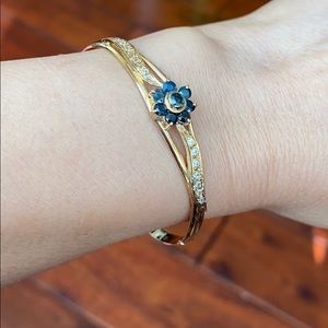 14K Solid Real Gold Flower Sapphire Bangle Bracele